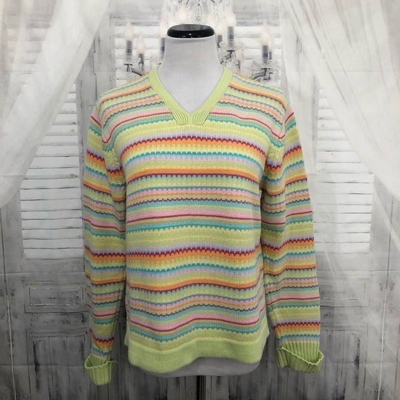 Talbots Size Large V Neck Sweater Long Sleeve Green Yellow Pink Striped Cotton - Picture 1 of 10